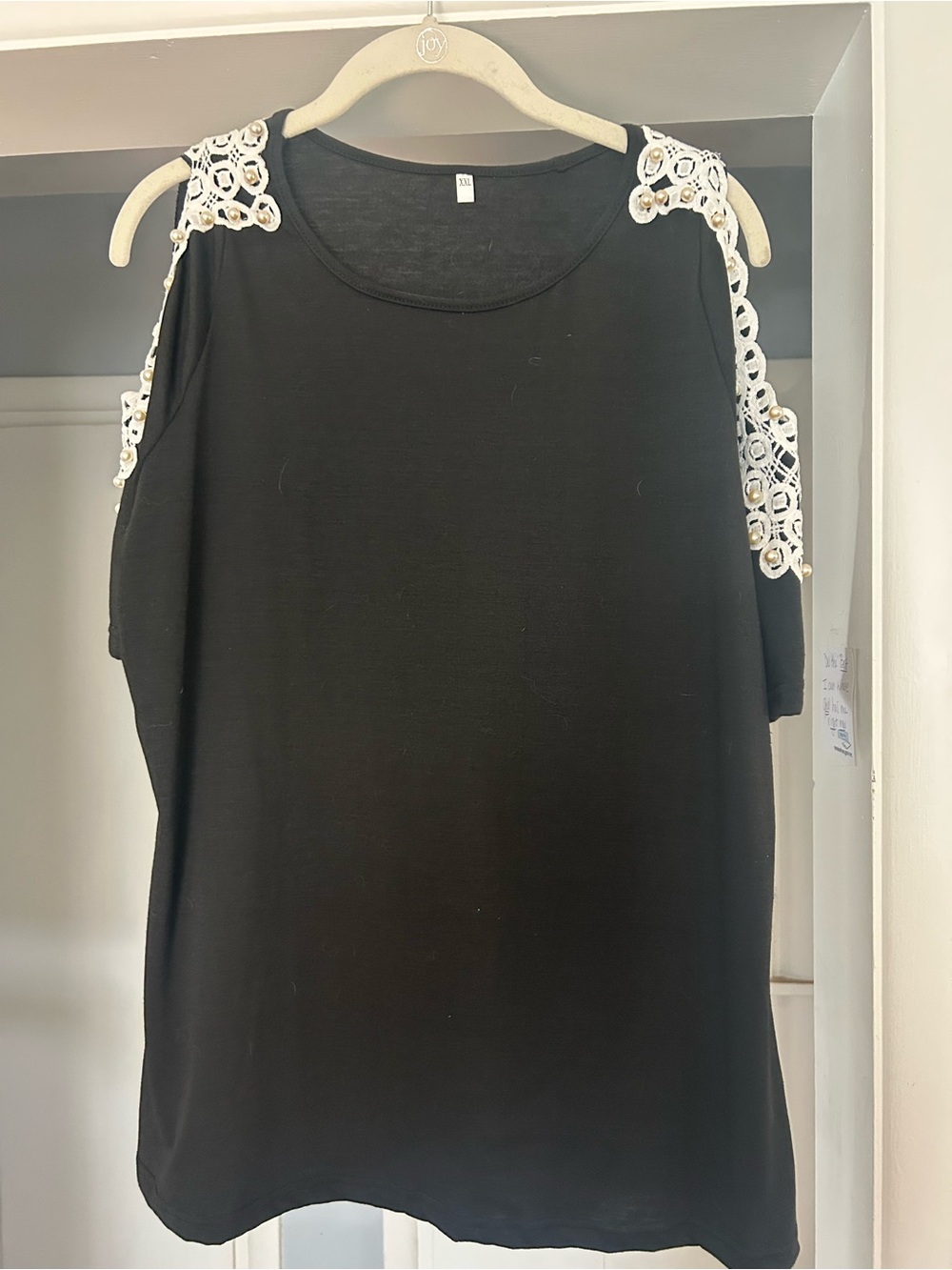 Black Cold-Shoulder Top with White Lace and Pearl Trim